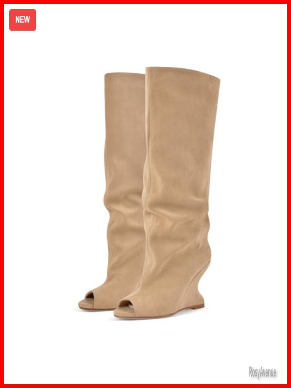 Faux Suede Peep Toe Wedge Knee High Boots Slouchy Pull On Heels